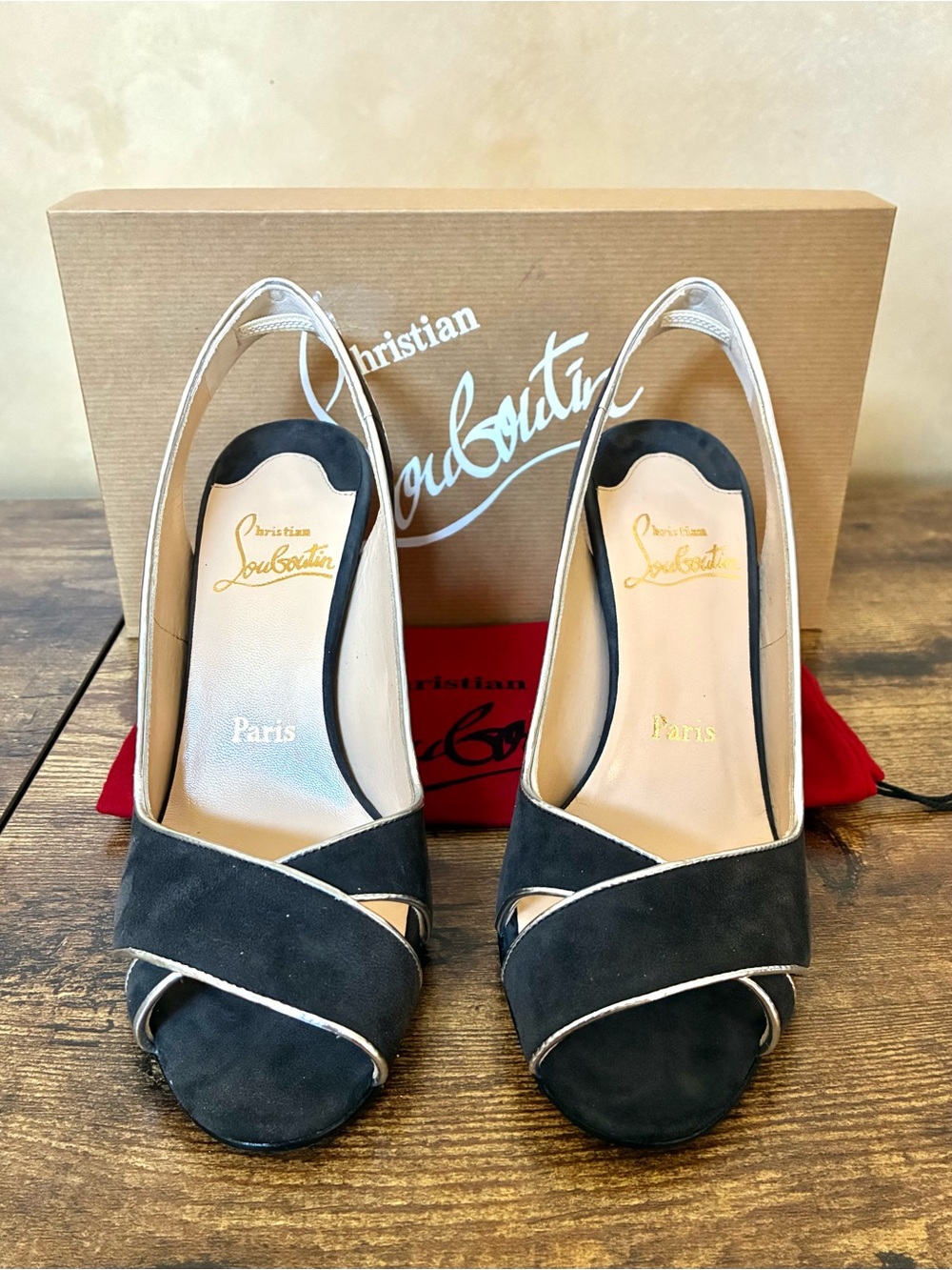 Christian Louboutin Marple Black Suede & Silver Peep-Toe 3 1/2” Heels